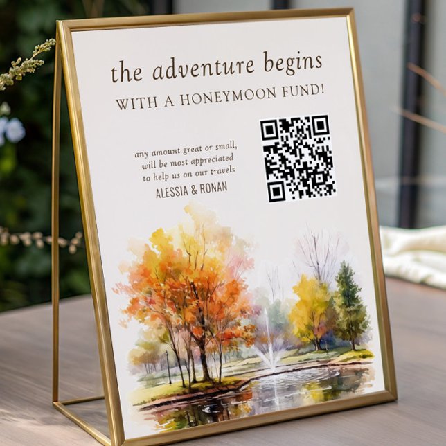 QR-Code Flitterwochen Fonds Herbst See Landhochzei Poster (QR Code honeymoon fund sign from the Fall Lake wedding collection by Darling & May)