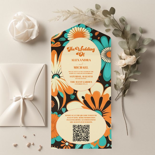 QR Code Floral Groovy Retro Wedding All In One Einladung (Von Creator hochgeladen)