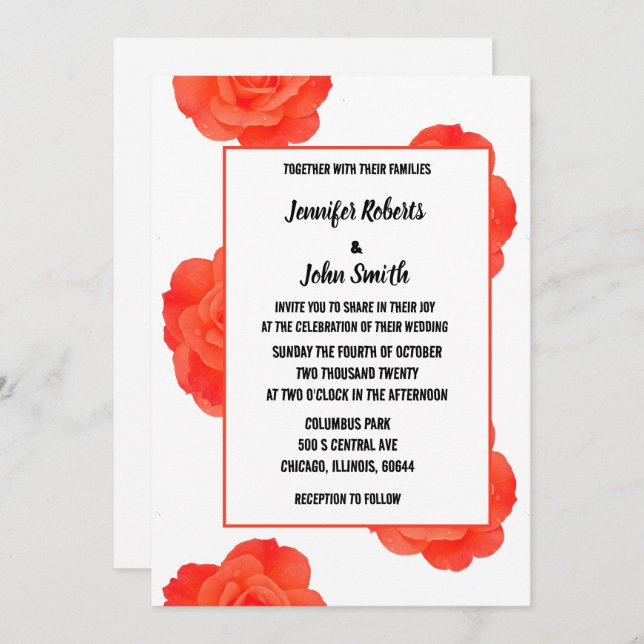 QR Code Floral Orange Rose Patterns Boho Wedding Einladung (Vorne/Hinten)