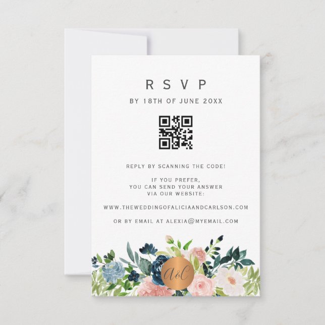 QR CODE florale elegante Hochzeitseinladung RSVP Karte (Vorderseite)