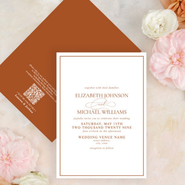 QR Code Formal Burnt Orange Classic Script Wedding Einladung (Von Creator hochgeladen)