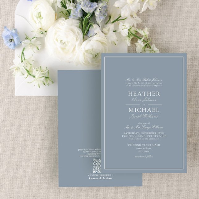 QR Code Formal Dusty Blue Classic Script Wedding Einladung (Von Creator hochgeladen)
