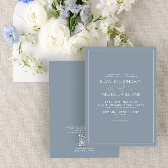 QR Code Formal Dusty Blue Classic Script Wedding Einladung (Von Creator hochgeladen)