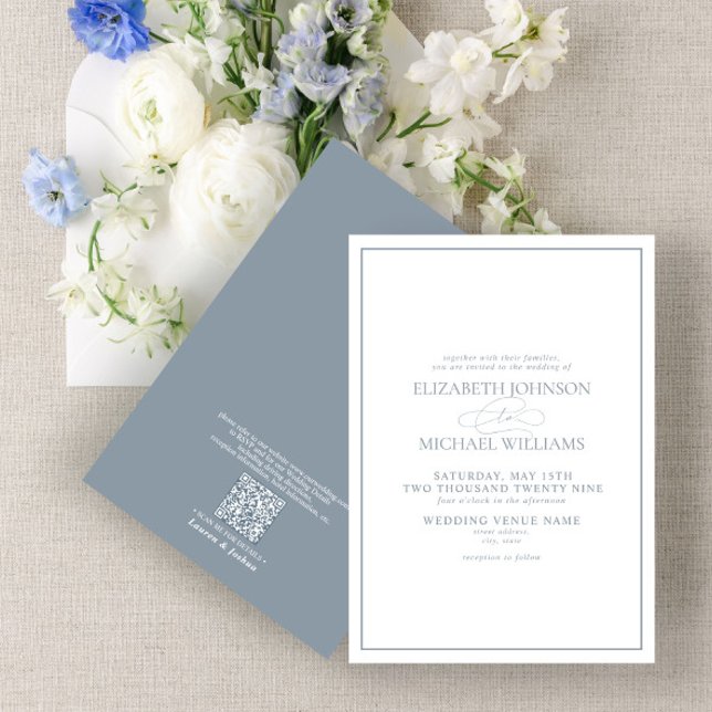 QR Code Formal Dusty Blue Classic Script Wedding Einladung (Von Creator hochgeladen)