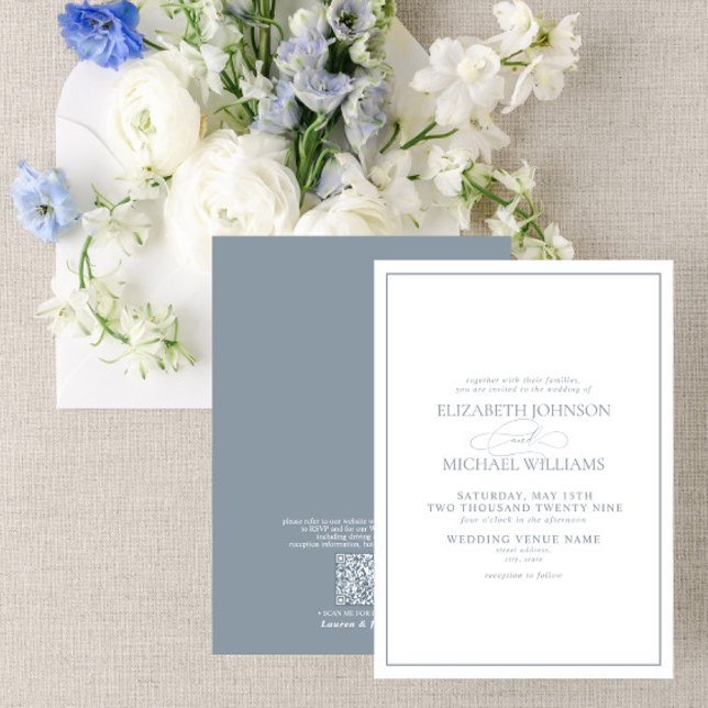 QR Code Formal Dusty Blue Classic Script Wedding Einladung (Von Creator hochgeladen)
