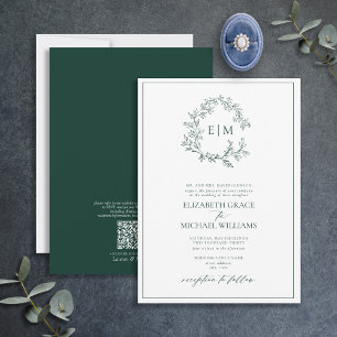 QR-Code Formelles Emerald Green Leafy Wappen Monog Einladung