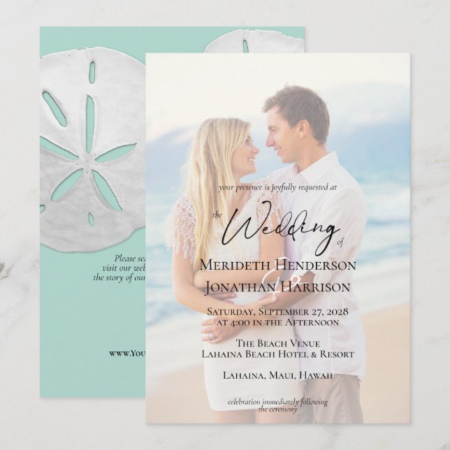 QR Code Foto Beach Sea Glass Sand Dollar Elegant Einladung (Vorne/Hinten)