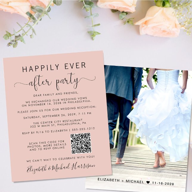 QR Code Foto Blush Hochzeitsempfang Einladung (Your love story deserves a grand celebration!)