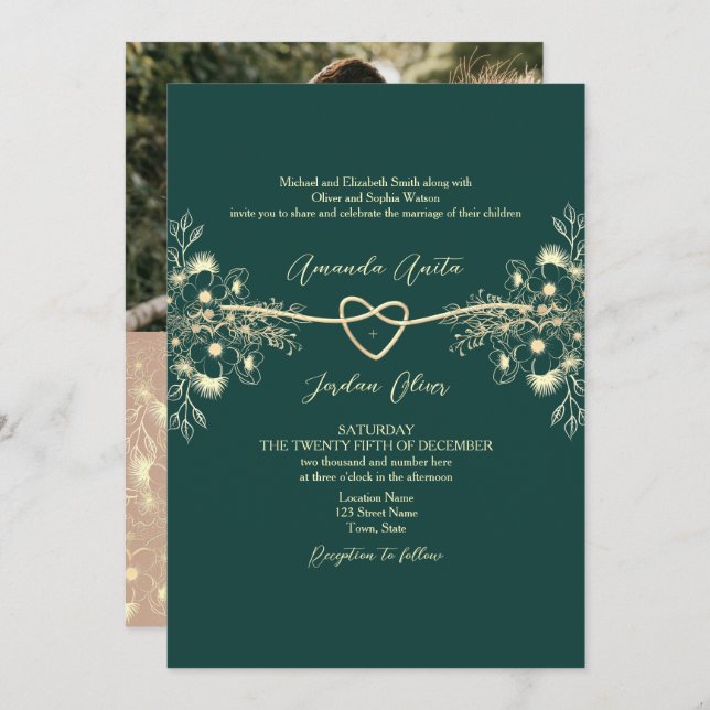 QR Code Foto Emerald Green Gold Wedding Einladung (Vorne/Hinten)
