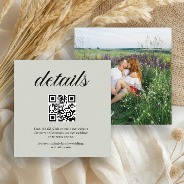QR-Code-Foto für die Website der Seite "Sage Green Begleitkarte (Wedding details photo enclosure card with QR Code and Wedding website)