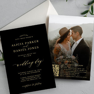 QR-Code Foto Gold Kalligrafie schwarze Hochzeit Einladung