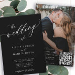 QR Code Foto Moderne, elegante Schwarze Hochzeit Einladung<br><div class="desc">Elegante trendige Foto Hochzeitseinladung mit "the wedding of" white text und schwarzem hintergrund mit einem schicken kalligraphischen Skript und Ihrem QR CODE (automatisch generiert). Personalisieren Sie es mit Ihrem Verlobung Foto auf der Rückseite und Ihrem Text.             Diese zeitlose Hochzeitsveranstaltung eignet sich für moderne Hochzeitsfeiern und Empfänge.</div>