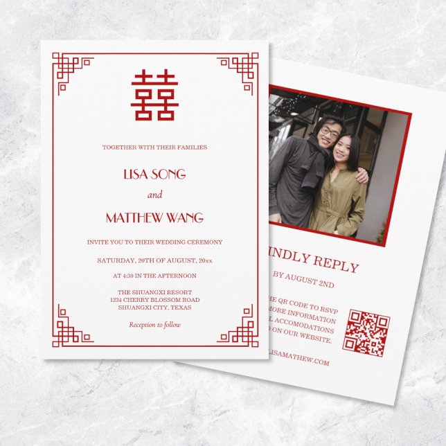 QR-Code-Foto | Rote Weiße Chinesische Hochzeit Einladung (Von Creator hochgeladen)