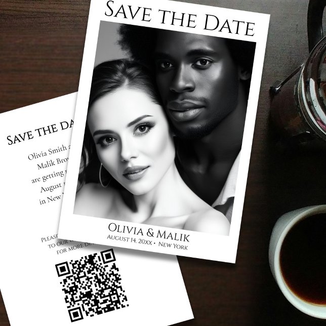 QR-Code Foto Save the Date (Modern Black & White Photo QR Code Save the Date - front and back)