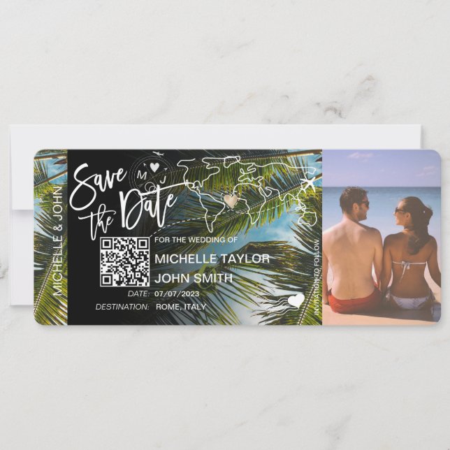 QR Code Foto Save the Date Boarding Pass Einladung (Vorderseite)