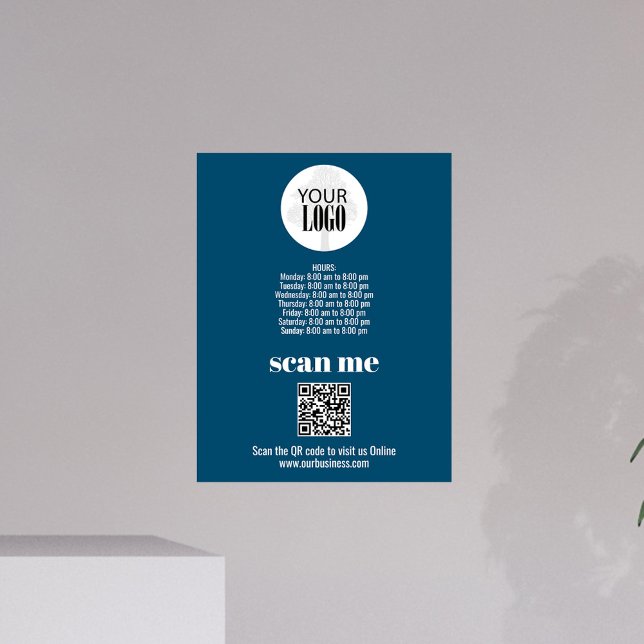 QR-Code Fotodruck (Simple blue business sign with hours template, logo, and QR Code. )