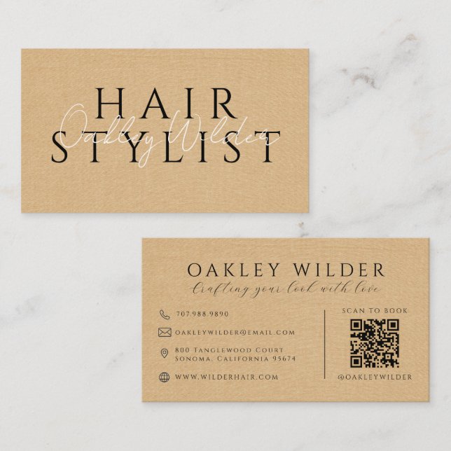 QR-Code Friseur Beige Faux-Leinen Visitenkarte (Vorne/Hinten)