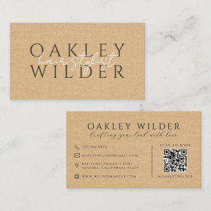 QR-Code Friseur Beige Faux-Leinen Visitenkarte