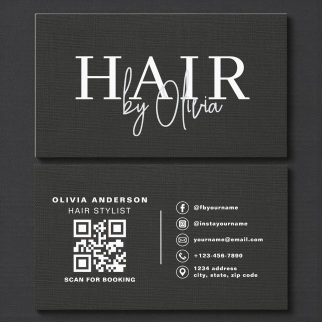 QR-Code Friseur Black Linen Typografie  Visitenkarte (Von Creator hochgeladen)