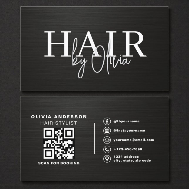 QR-Code-Friseur Metallische Typografie  Visitenkarte (Von Creator hochgeladen)