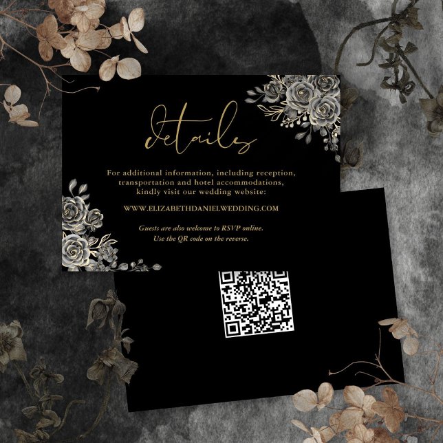 QR-Code für Blumengotik - Angaben zum Hochzeitsseh Begleitkarte (Floral Gothic QR Code Gold Wedding Details Enclosure Card)