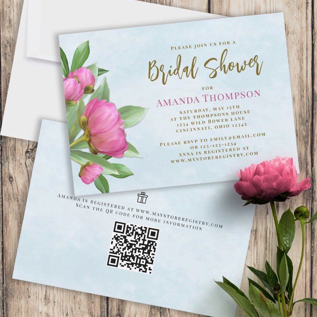 QR-Code für Blumenrosa Botanisches Elegantes Peoni Einladung (Von Creator hochgeladen)
