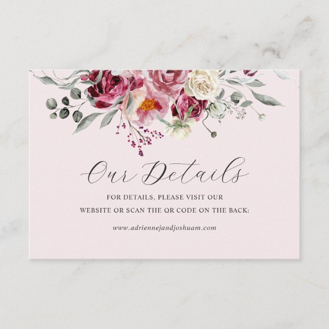 QR-Code für Blush & Burgundy Floral Pink Hochzeit Begleitkarte (Vorderseite)