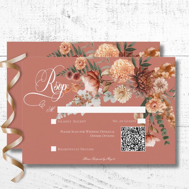 QR-Code für Boho Peach & Rust RSVP Karte (Boho Peach & Rust Floral Rust Wedding Response Card with QR Code)