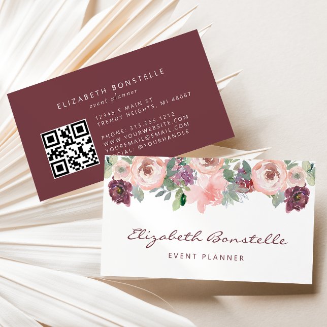 QR-Code für Burgund Blush Pink Watercolor Floral Visitenkarte (Von Creator hochgeladen)