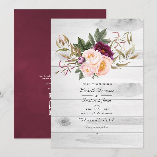 QR-Code für Burgund und Peach Rustic Floral Weddin Einladung (Vorne/Hinten)
