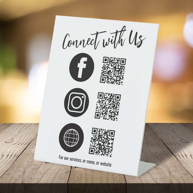 QR Code für Business Tabletop Sockelschild (Connect with us Social Media and website sign with three QR Codes)