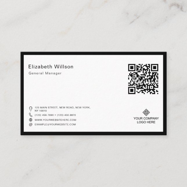 QR-Code für Chic Black & White Frame Business-Logo Visitenkarte (Vorderseite)