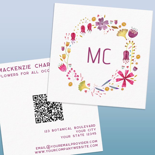 QR-Code für das Floral-Monogramm von modernen Aqua Quadratische Visitenkarte (Monogram initial personalized watercolor botanical floral wreath business card with QR code)