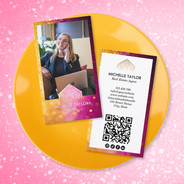 QR-Code für das Foto beruflich-Real-Anwesen-Logo Visitenkarte (pink and gold glitter realtor business card with photo)