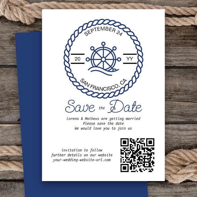 QR-Code für das Nautische Rad speichern Sie die Da Save The Date (Nautical Wedding Save the Date Card with QR Code)