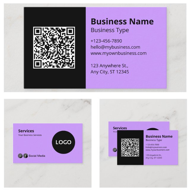 QR-Code für das Scannen von schwarzen Lilac-Firmen Visitenkarte (Black Lilac Business Logo Scannable QR Code Business Cards)