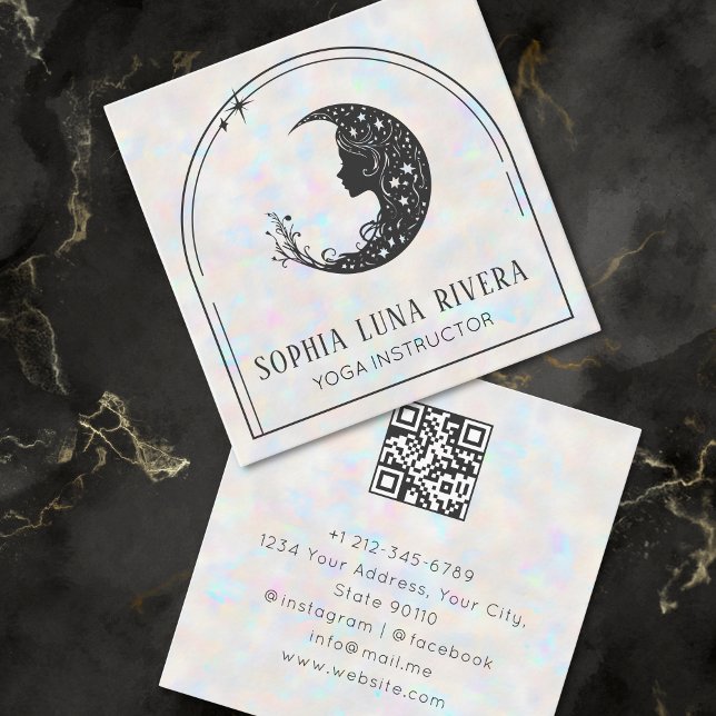 QR-Code für den holografischen Arch Celestial Cres Quadratische Visitenkarte (Holographic Arch Celestial Crescent Moon QR Code Square Business Card)