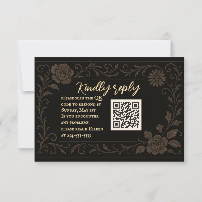 QR-Code für die Hochzeit der RSVP-Karte für Schwar RSVP Karte (Vorderseite)