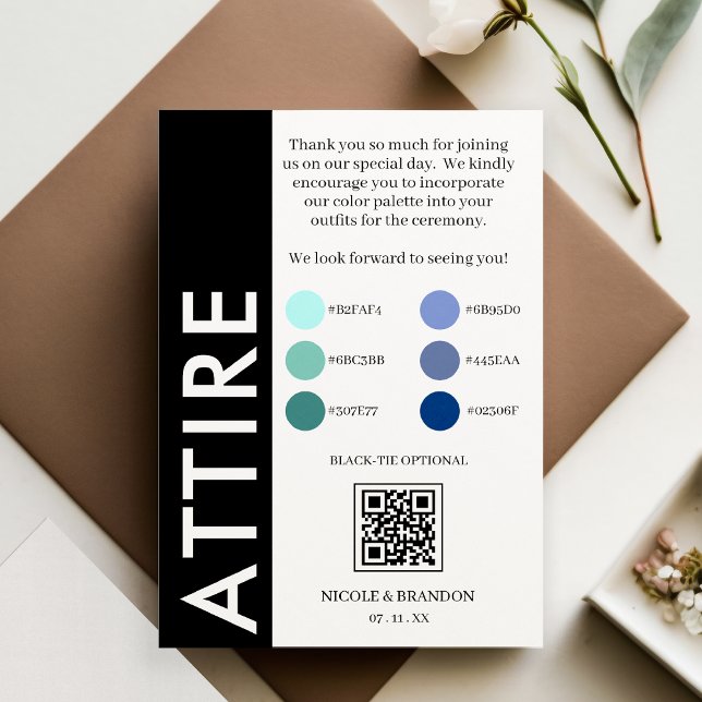 QR-Code für die Hochzeitskleidung auf schwarzer un Begleitkarte (Black & White Side Stripe QR Code Wedding Attire Enclosure Card)