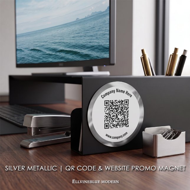 QR-Code für die Silver Promotion Magnet (Silver Metallic Magnet | A polished layout created to showcase your QR Code, Name, & Website.)
