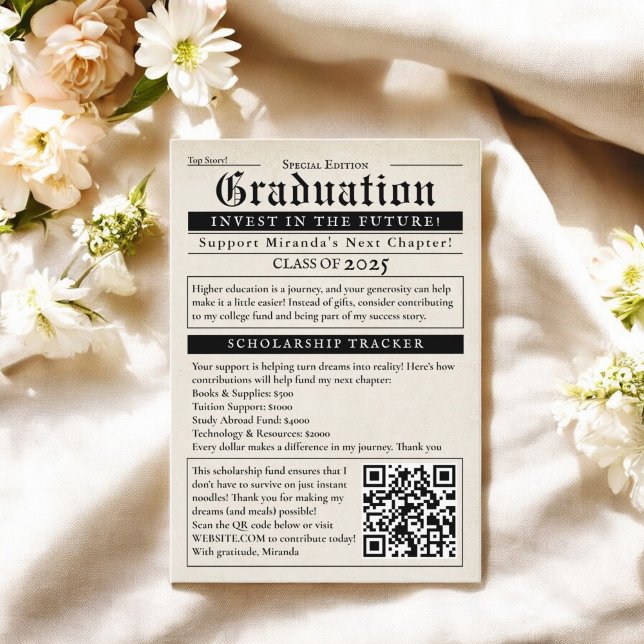 QR-Code für die Uni Vintager Zeitungen Begleitkarte (Vintage Newspaper Style College Fund QR Code Enclosure Card)