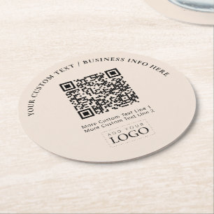 QR-Code für einfache Beige-Geschäftslogos Runder Pappuntersetzer