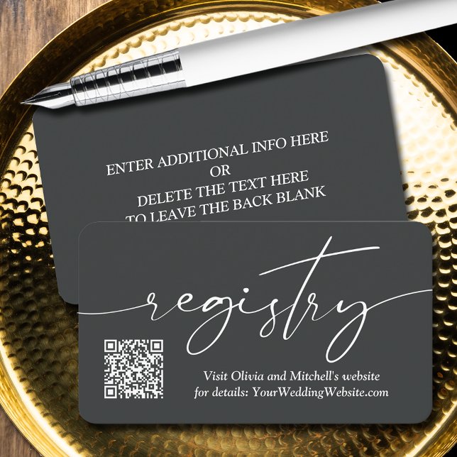 QR-Code für einfache Handschrift Begleitkarte (QR Code on handwritten script wedding registry enclosure cards - Off Black, more info on back)