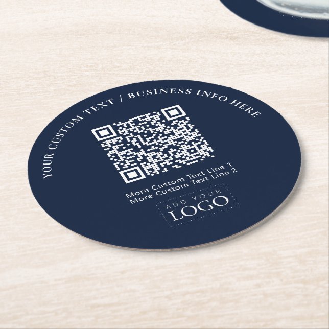 QR-Code für einfache Navy Blue Business-Logos Runder Pappuntersetzer (Angewinkelt)