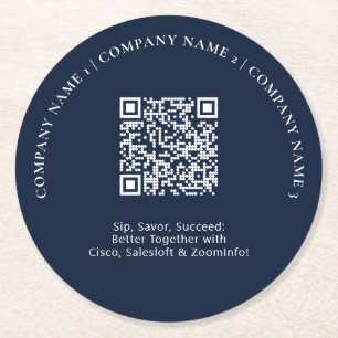QR-Code für einfache Navy Blue Business-Logos Runder Pappuntersetzer