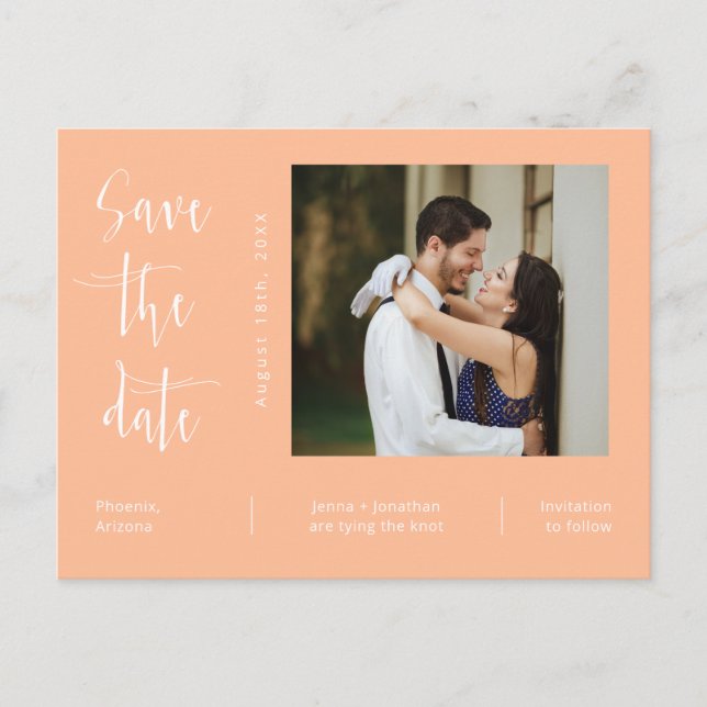 QR-Code für einfaches Peach-Foto Save the Date Postkarte (Vorderseite)