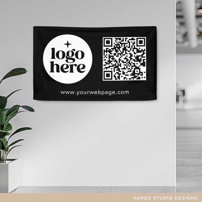 QR-Code für einfaches Schwarzes Unternehmen Banner (Add your logo, create QR Code with URL and enter your custom text.)