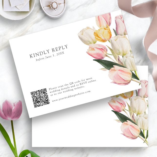 QR-Code für Frühjahr RSVP Karte (Spring Watercolor Tulips QR Code RSVP Card by Painted Paperie
)