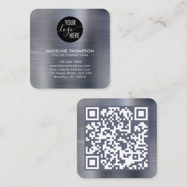 QR-Code für gegossene Metallic-Silber-Firmenlogo Quadratische Visitenkarte (Vorne/Hinten)