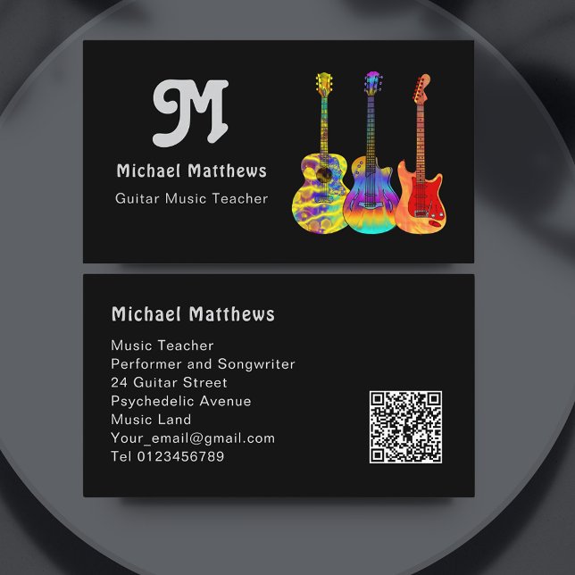 QR-Code für Gitarrenlehrer Visitenkarte (Modern Guitar Teacher Social Media Logo custom template sleek black Business Card  )